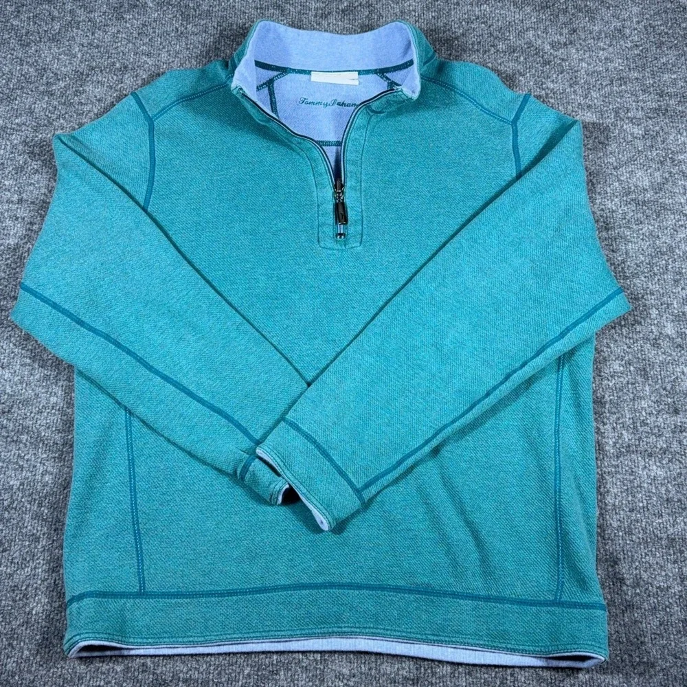 Tommy Bahama Reversible Quarter Zip Pullover Mens Teal Blue Cotton Tencel Thick